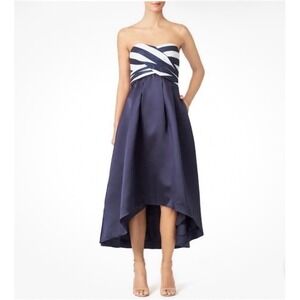 Shoshanna Midnight Dawn Metallic Striped Strapless High Low Formal Gown Dress